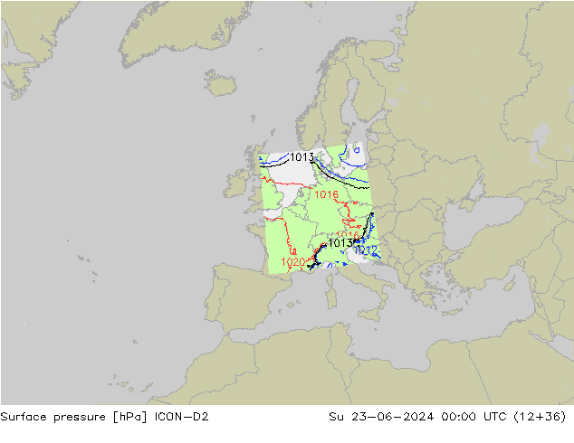 Presión superficial ICON-D2 dom 23.06.2024 00 UTC