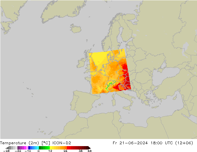 Temperatura (2m) ICON-D2 vie 21.06.2024 18 UTC