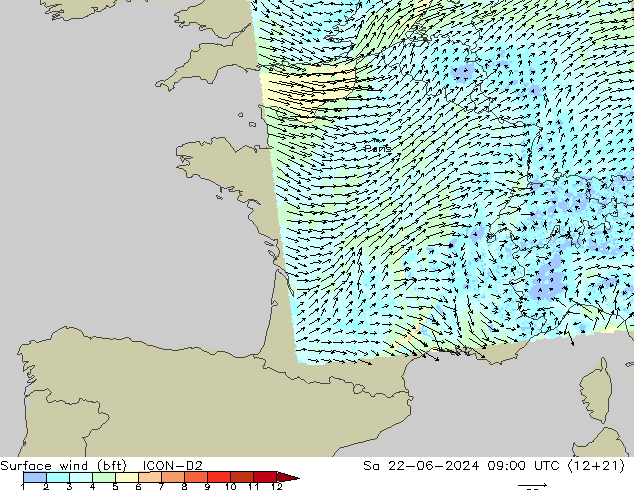 Vent 10 m (bft) ICON-D2 sam 22.06.2024 09 UTC