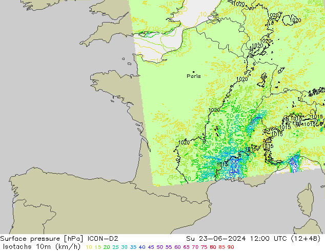 Isotachs (kph) ICON-D2 Ne 23.06.2024 12 UTC