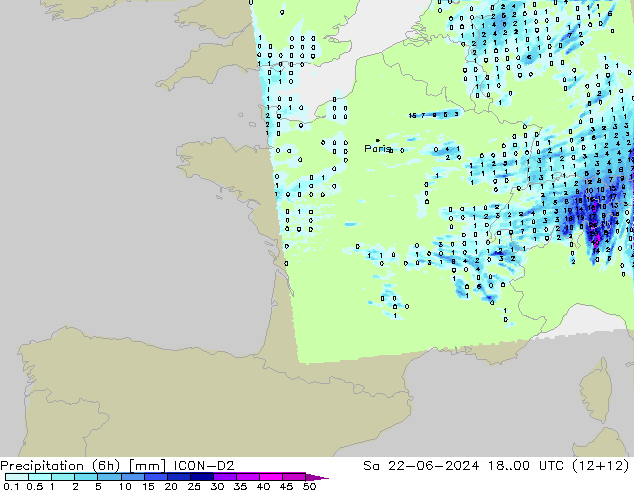 Totale neerslag (6h) ICON-D2 za 22.06.2024 00 UTC