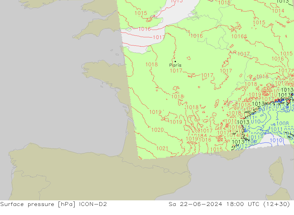 Surface pressure ICON-D2 Sa 22.06.2024 18 UTC