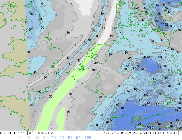 RH 700 hPa ICON-D2 Su 23.06.2024 06 UTC