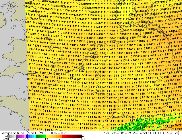 Temperature (2m) ICON-D2 Sa 22.06.2024 06 UTC