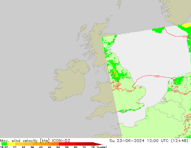 Max. wind velocity ICON-D2 dom 23.06.2024 12 UTC