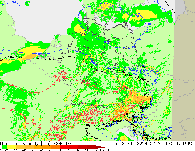 Max. wind velocity ICON-D2 Sa 22.06.2024 00 UTC