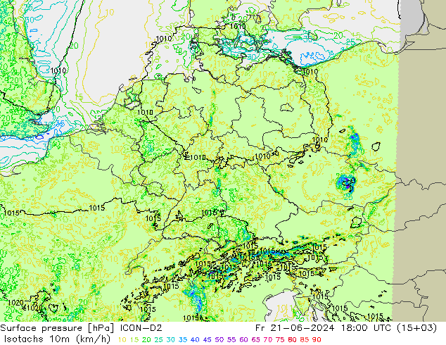 Izotacha (km/godz) ICON-D2 pt. 21.06.2024 18 UTC