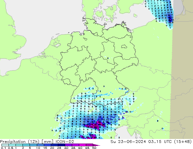 Precipitação (12h) ICON-D2 Dom 23.06.2024 15 UTC