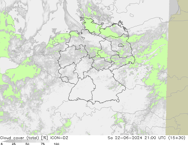 Cloud cover (total) ICON-D2 Sa 22.06.2024 21 UTC