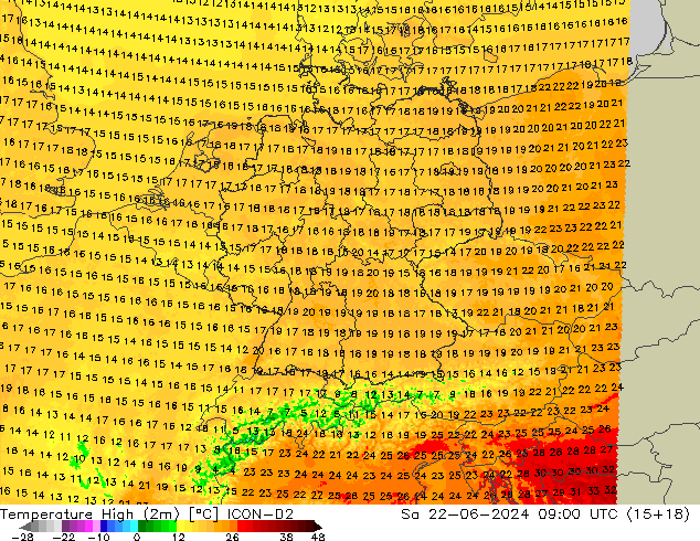 Nejvyšší teplota (2m) ICON-D2 So 22.06.2024 09 UTC