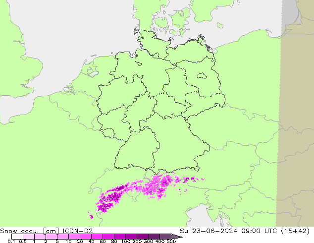 Snow accu. ICON-D2 Su 23.06.2024 09 UTC