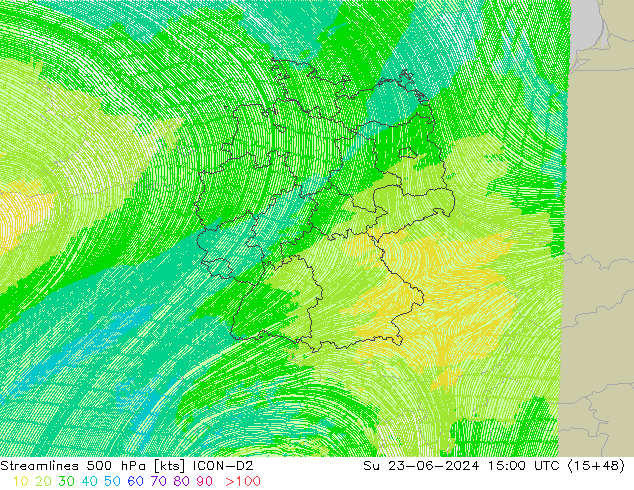 Stroomlijn 500 hPa ICON-D2 zo 23.06.2024 15 UTC