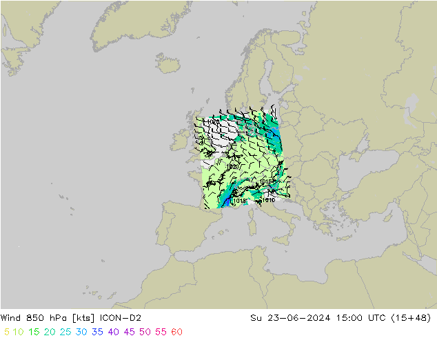 wiatr 850 hPa ICON-D2 nie. 23.06.2024 15 UTC