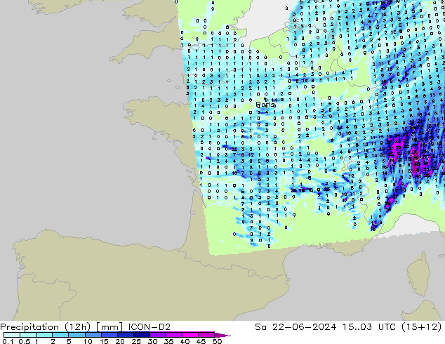 Precipitation (12h) ICON-D2 Sa 22.06.2024 03 UTC