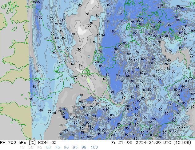 RH 700 hPa ICON-D2 Pá 21.06.2024 21 UTC