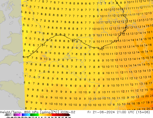 Height/Temp. 850 hPa ICON-D2 Fr 21.06.2024 21 UTC