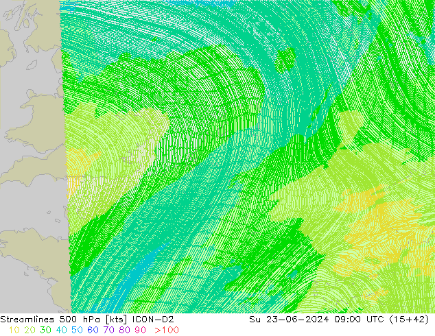 Streamlines 500 hPa ICON-D2 Su 23.06.2024 09 UTC