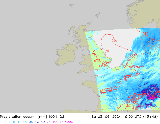 Precipitation accum. ICON-D2 Вс 23.06.2024 15 UTC