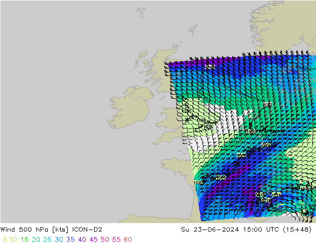 Wind 500 hPa ICON-D2 Su 23.06.2024 15 UTC