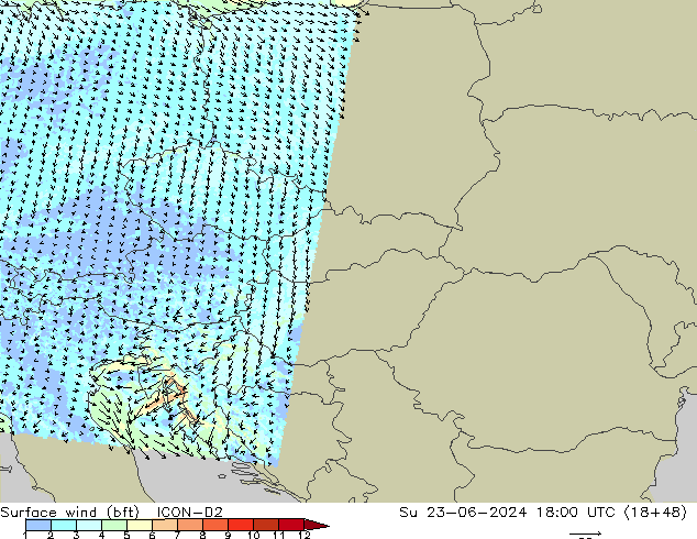 Rüzgar 10 m (bft) ICON-D2 Paz 23.06.2024 18 UTC