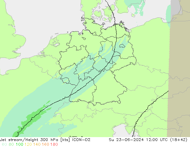 Jet stream/Height 300 hPa ICON-D2 Ne 23.06.2024 12 UTC