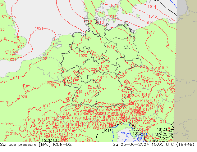 Atmosférický tlak ICON-D2 Ne 23.06.2024 18 UTC