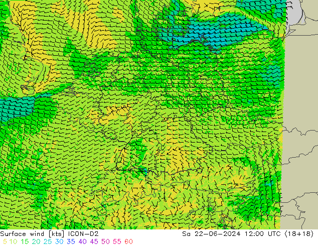 wiatr 10 m ICON-D2 so. 22.06.2024 12 UTC