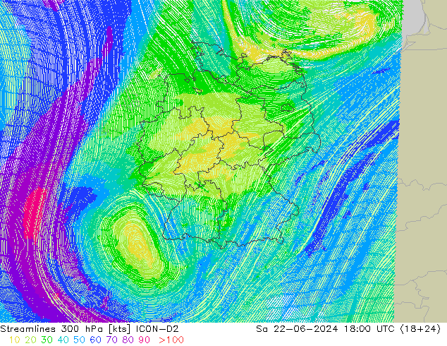 Ligne de courant 300 hPa ICON-D2 sam 22.06.2024 18 UTC