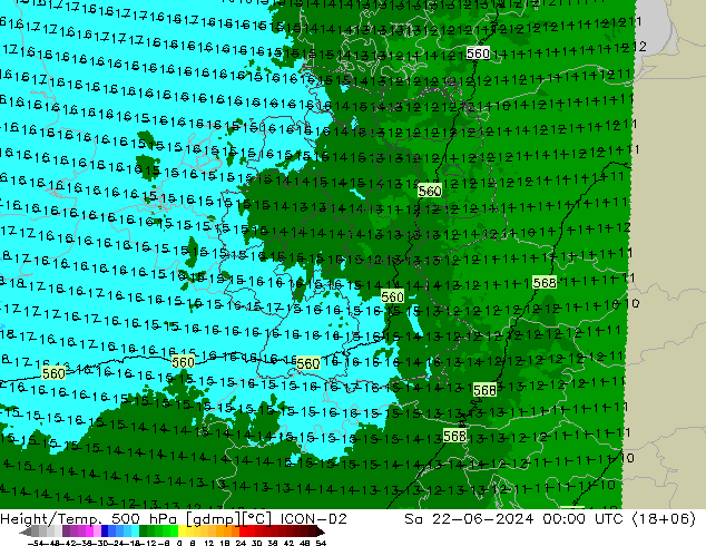 Hoogte/Temp. 500 hPa ICON-D2 za 22.06.2024 00 UTC