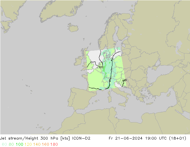 Jet stream/Height 300 hPa ICON-D2 Pá 21.06.2024 19 UTC