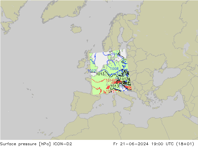 Pressione al suolo ICON-D2 ven 21.06.2024 19 UTC