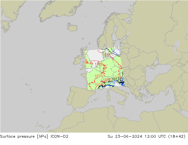 Luchtdruk (Grond) ICON-D2 zo 23.06.2024 12 UTC