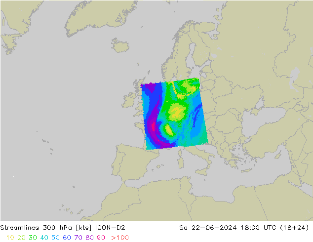 Linea di flusso 300 hPa ICON-D2 sab 22.06.2024 18 UTC