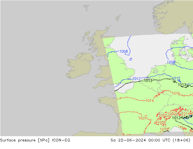 Presión superficial ICON-D2 sáb 22.06.2024 00 UTC