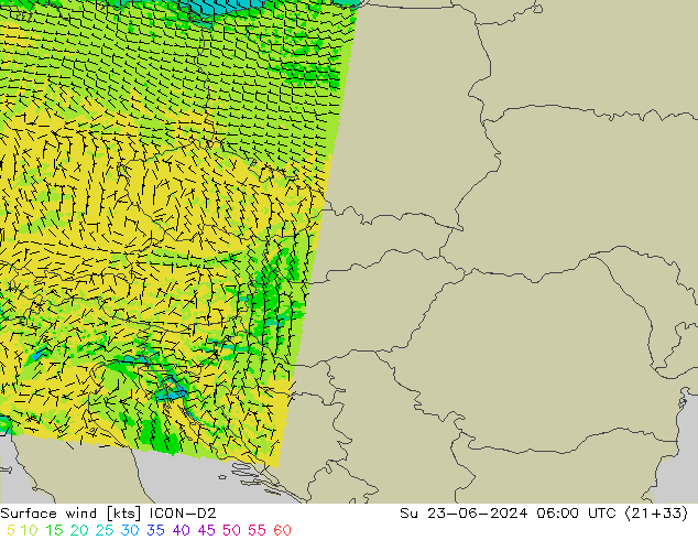 Wind 10 m ICON-D2 zo 23.06.2024 06 UTC