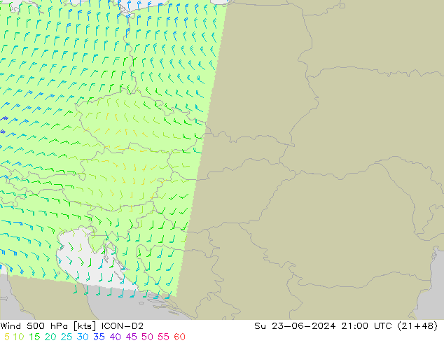 Vento 500 hPa ICON-D2 Dom 23.06.2024 21 UTC