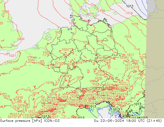 Luchtdruk (Grond) ICON-D2 zo 23.06.2024 18 UTC