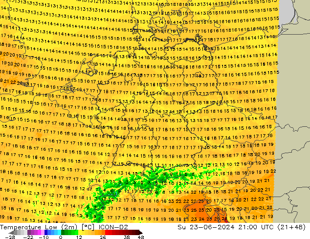 Temperatura mín. (2m) ICON-D2 dom 23.06.2024 21 UTC