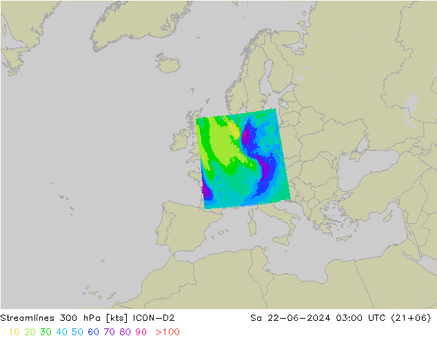 风 300 hPa ICON-D2 星期六 22.06.2024 03 UTC