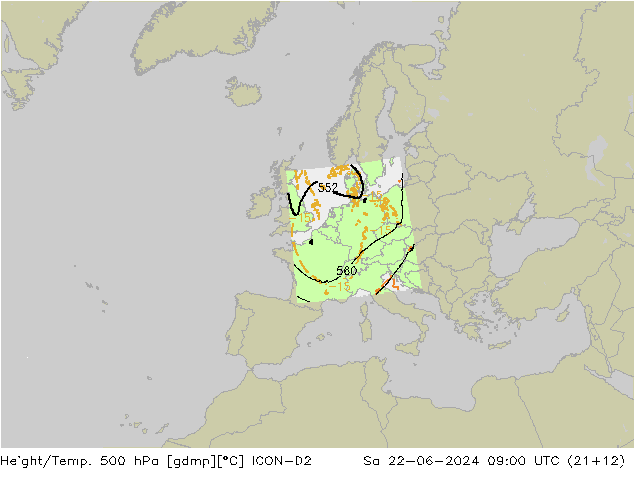 Height/Temp. 500 hPa ICON-D2 Sa 22.06.2024 09 UTC