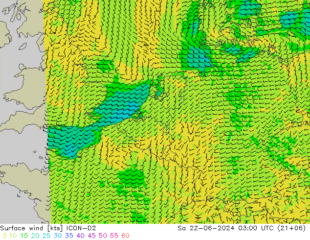 Bodenwind ICON-D2 Sa 22.06.2024 03 UTC