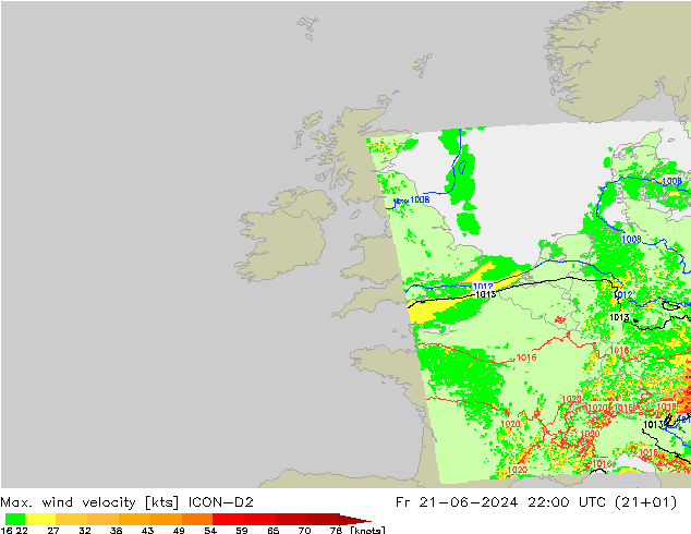 Max. wind velocity ICON-D2 ven 21.06.2024 22 UTC