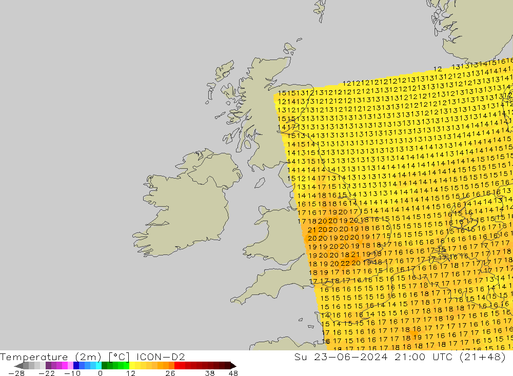 mapa temperatury (2m) ICON-D2 nie. 23.06.2024 21 UTC