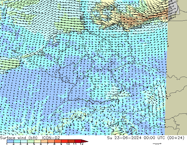 Surface wind (bft) ICON-D2 Su 23.06.2024 00 UTC