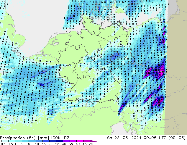 Precipitation (6h) ICON-D2 Sa 22.06.2024 06 UTC