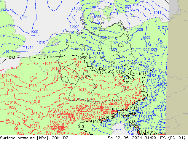 pression de l'air ICON-D2 sam 22.06.2024 01 UTC