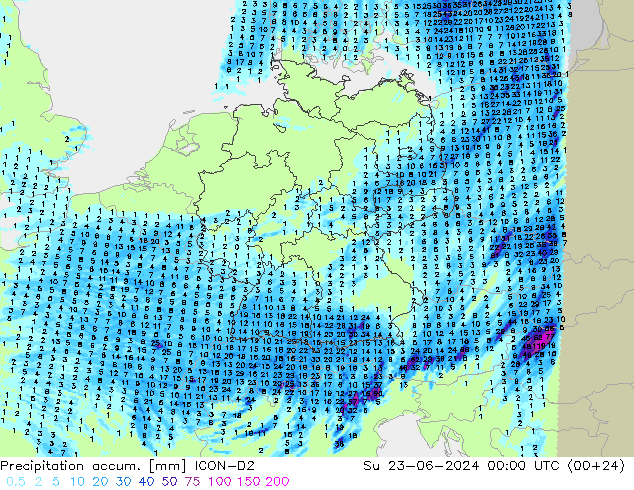 Precipitation accum. ICON-D2 Вс 23.06.2024 00 UTC