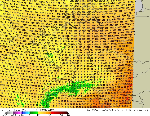 Temperatura (2m) ICON-D2 sab 22.06.2024 02 UTC