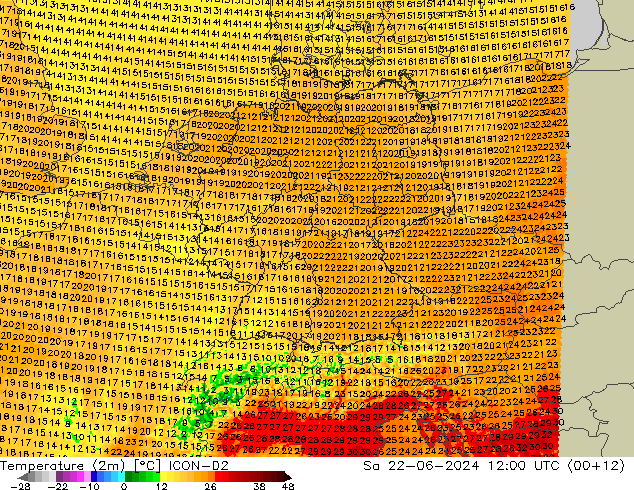 Temperature (2m) ICON-D2 Sa 22.06.2024 12 UTC