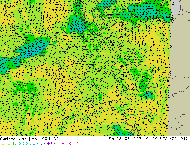 风 10 米 ICON-D2 星期六 22.06.2024 01 UTC